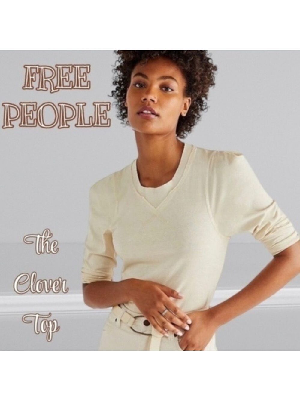 FREE PEOPLE Clover 3/4” Sleeve-Puff Shoulder Raw Hem/Seams Cotton Top NWT/SM